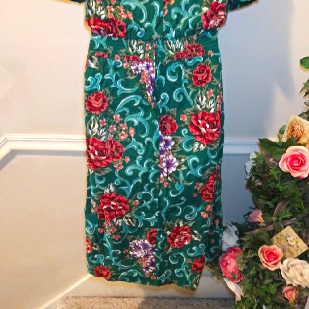 Miss Dorby Vintage 1980's Teal Burgundy & Purple Floral  Cottagecore Style Dress - Picture 8 of 14